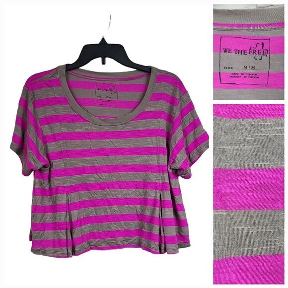 Free People Super Soft Crop Top Pewter Purple Striped Pleated T-Shirt Casual Tee - Picture 10 of 10